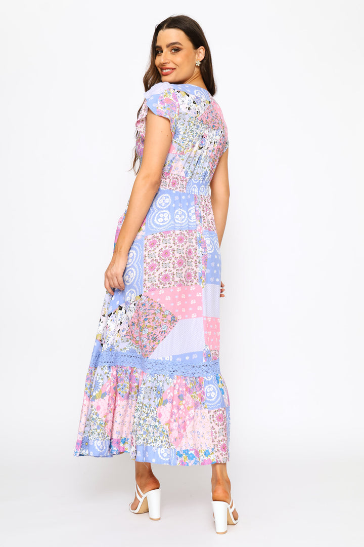 V-Neck Flutter Cap Sleeve Button Through Print Dress - Multi