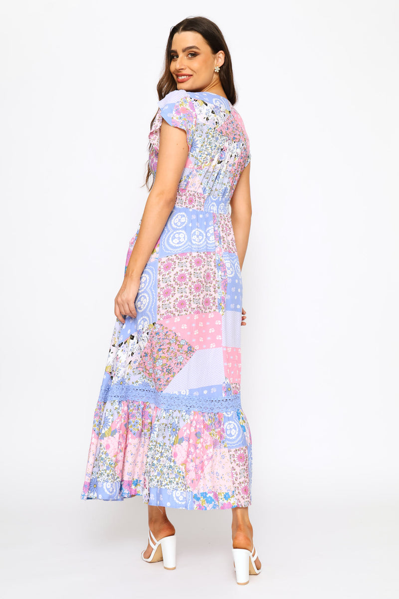 V-Neck Flutter Cap Sleeve Button Through Print Dress - Multi