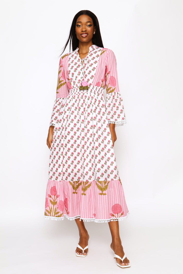 Cuff Button Through Printed Midi Dress - Pink