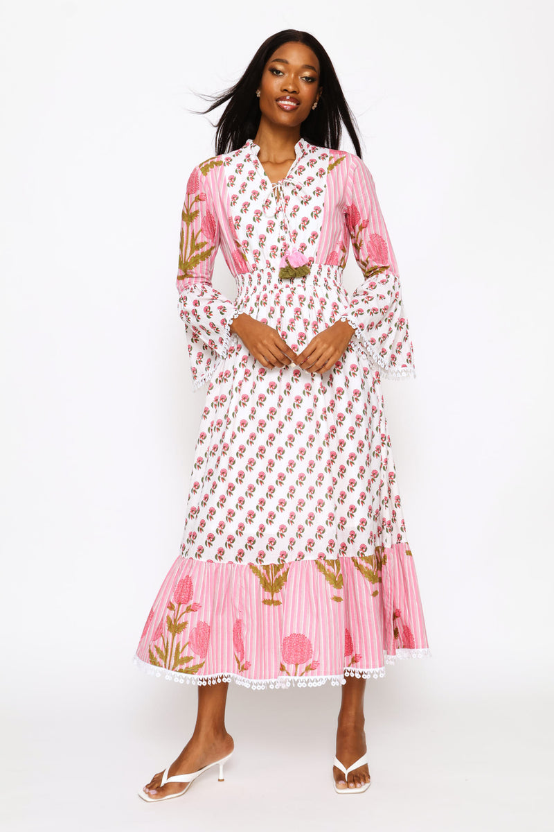 Cuff Button Through Printed Midi Dress - Pink