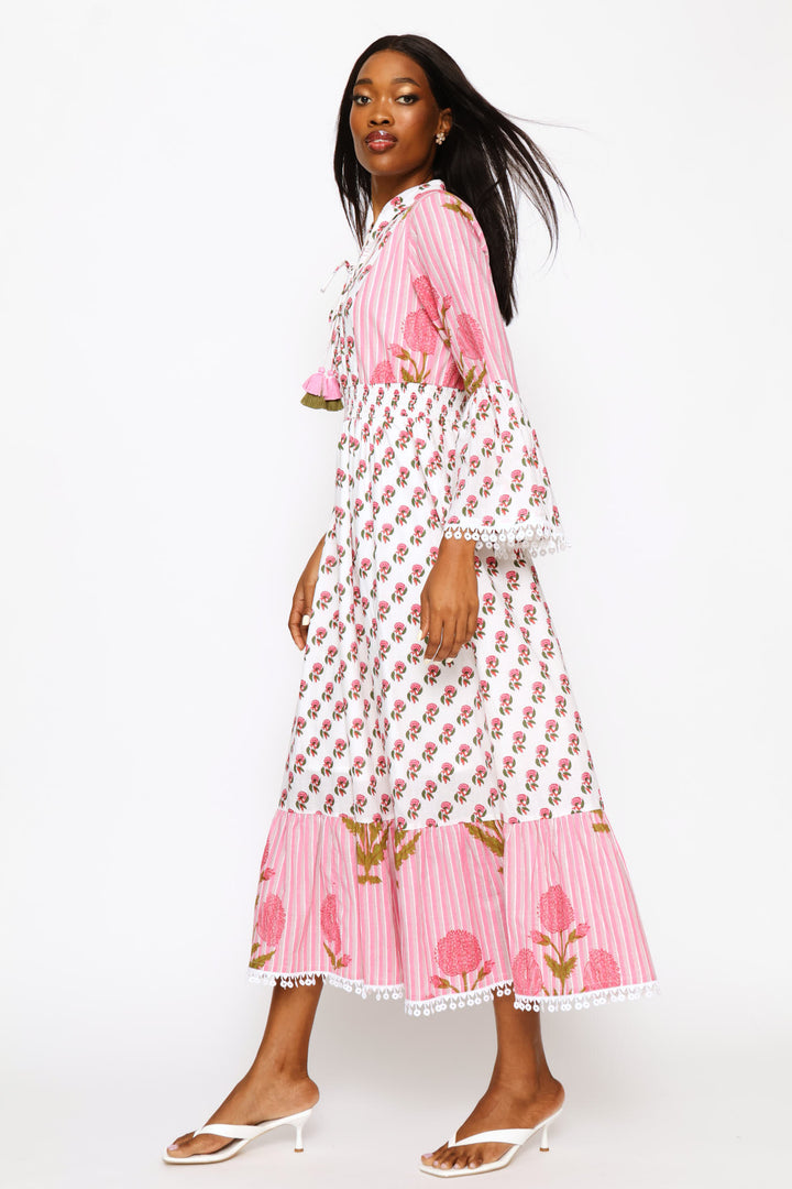Cuff Button Through Printed Midi Dress - Pink