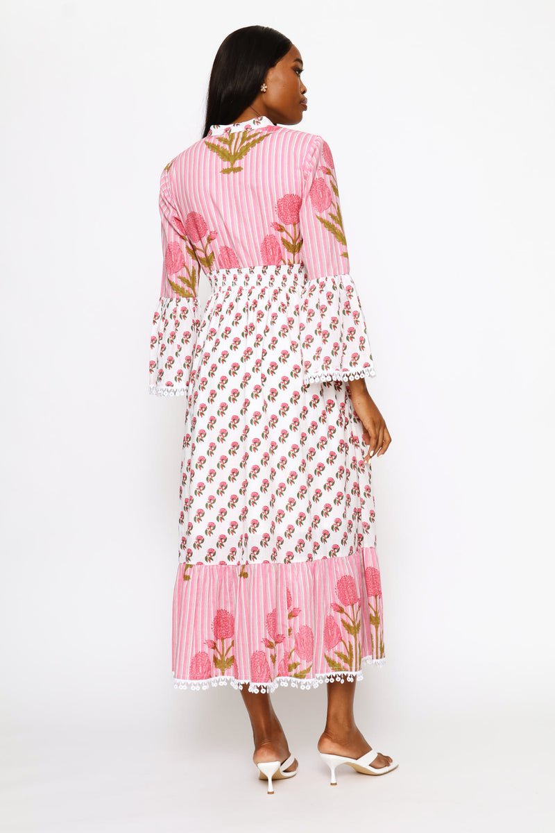 Cuff Button Through Printed Midi Dress - Pink