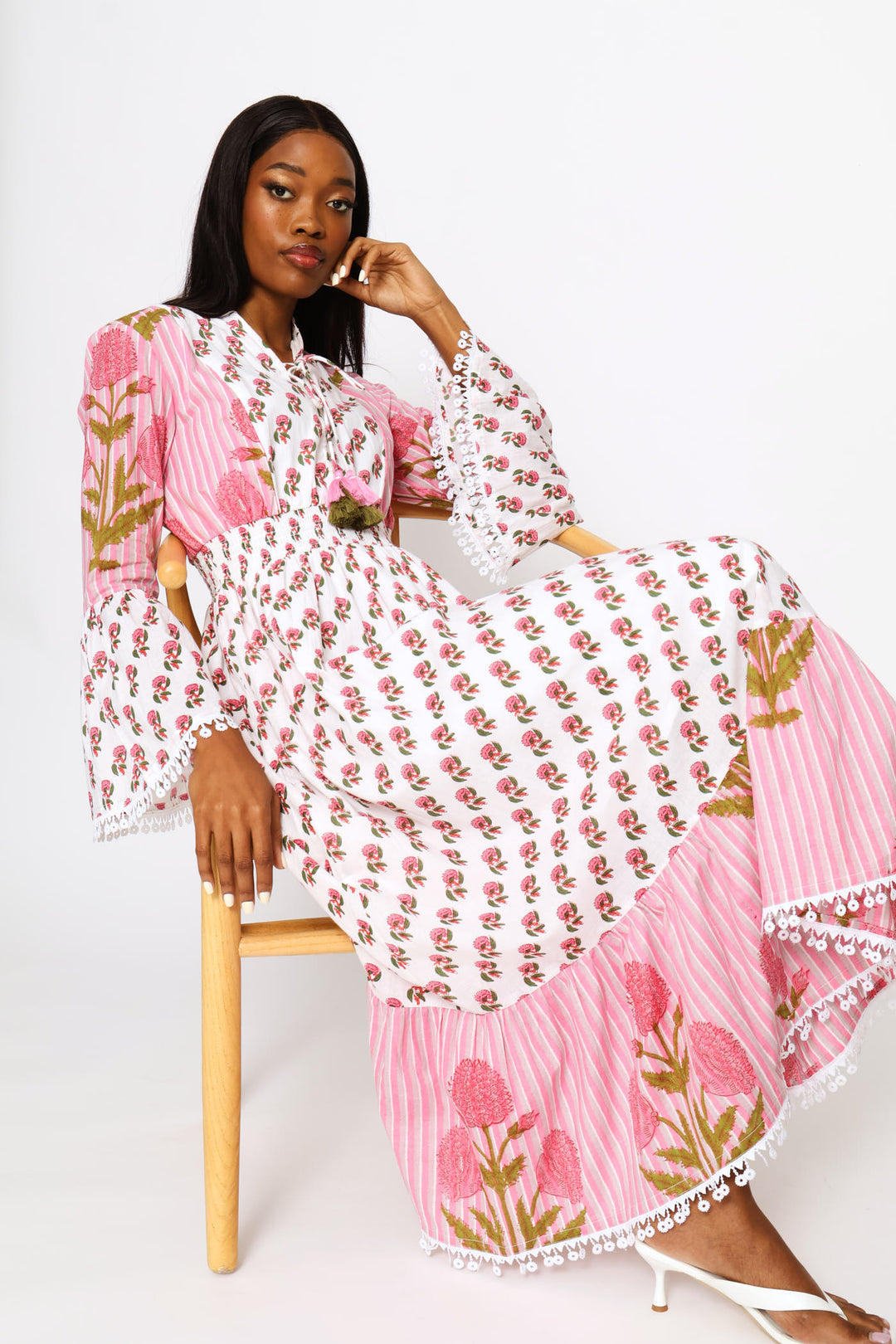 Cuff Button Through Printed Midi Dress - Pink
