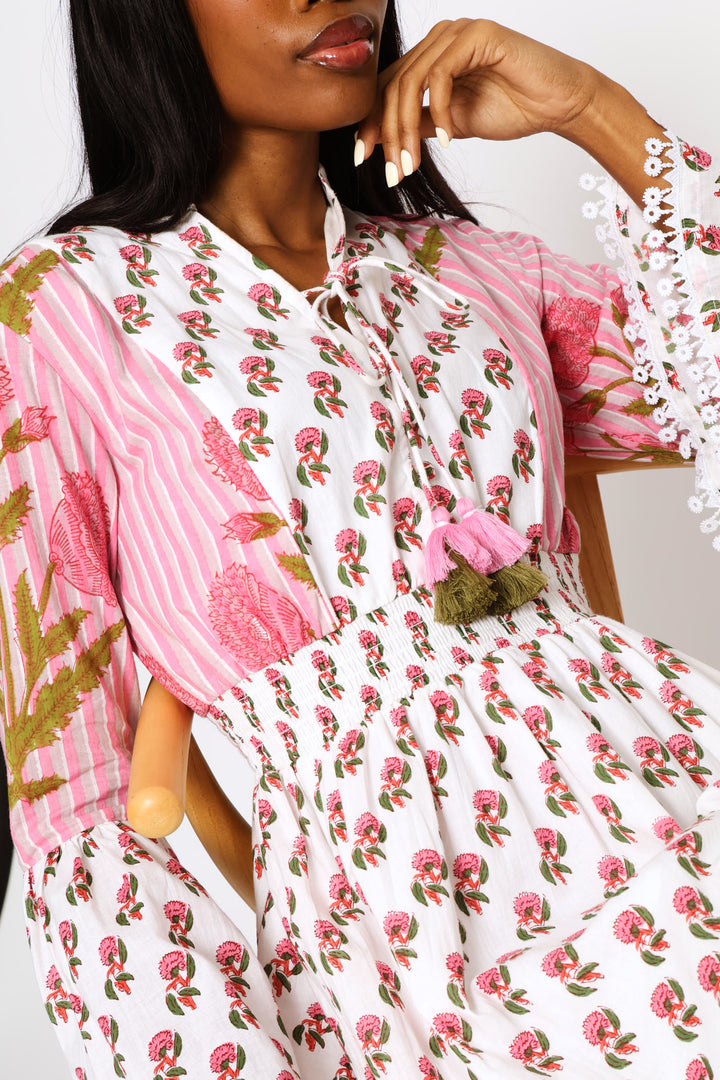Cuff Button Through Printed Midi Dress - Pink