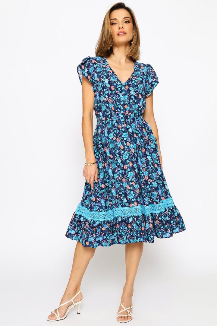 V-Neck Flutter Cap Sleeve Button Through Print Dress - Navy