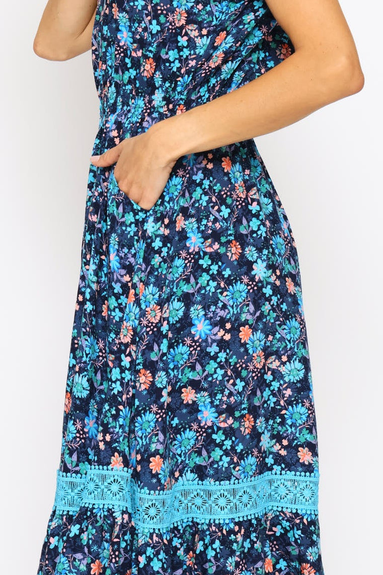 V-Neck Flutter Cap Sleeve Button Through Print Dress - Navy