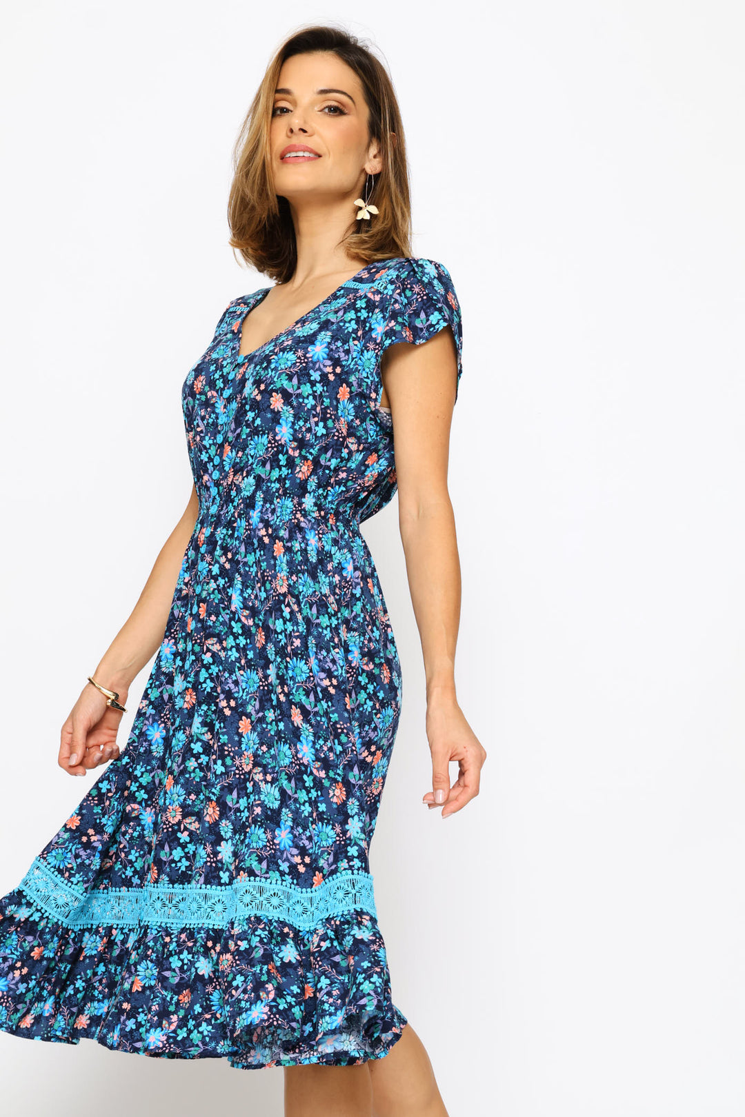 V-Neck Flutter Cap Sleeve Button Through Print Dress - Navy