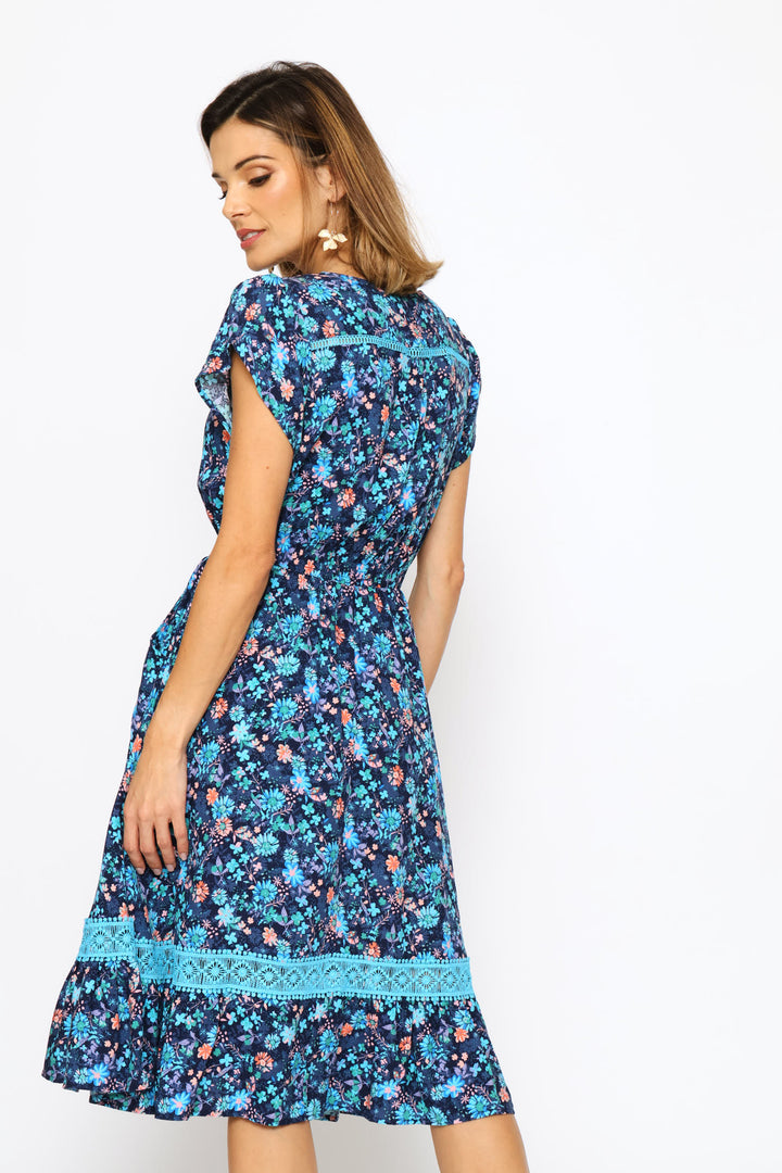 V-Neck Flutter Cap Sleeve Button Through Print Dress - Navy