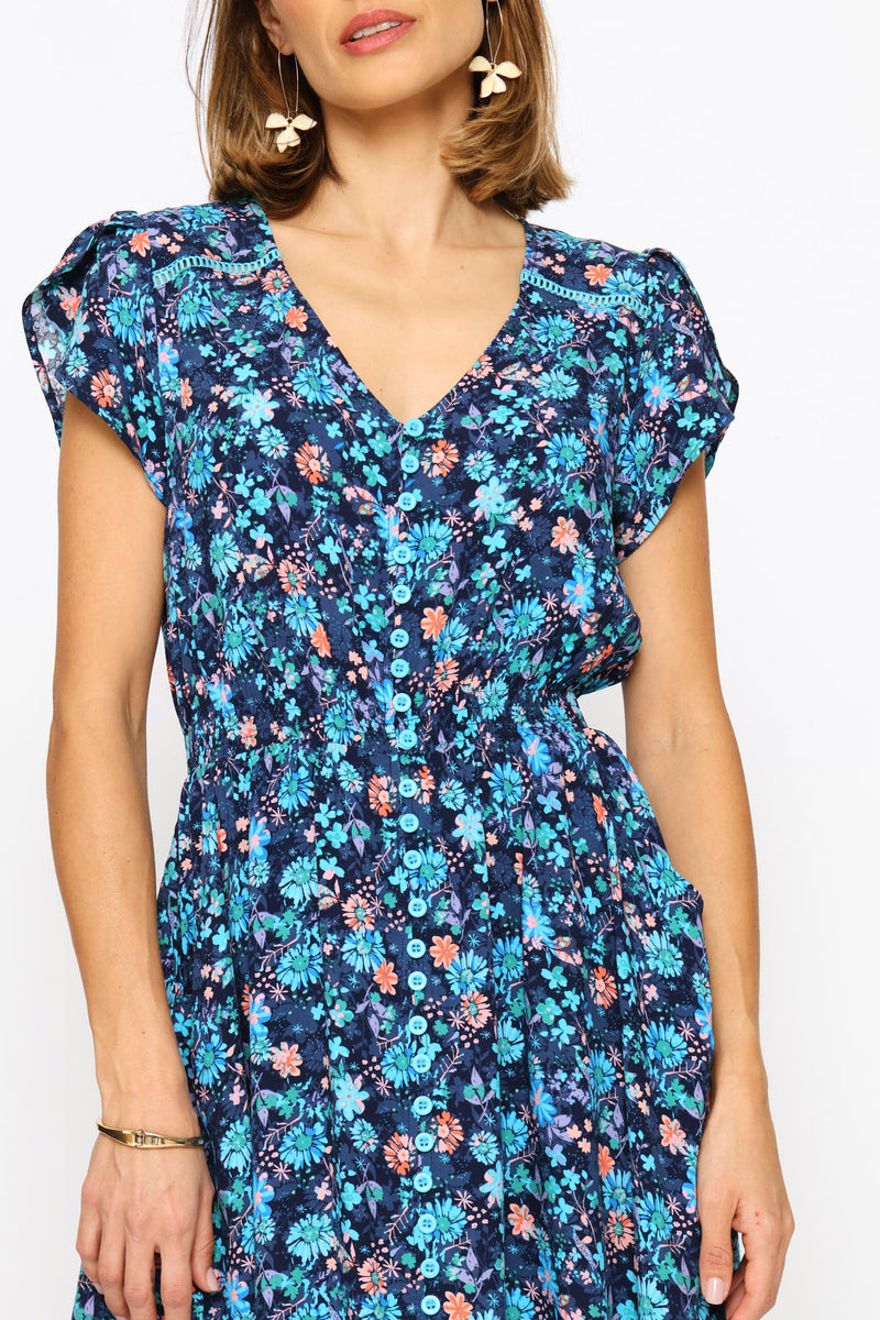 V-Neck Flutter Cap Sleeve Button Through Print Dress - Navy