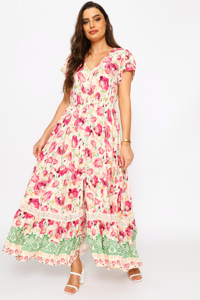 Cap Sleeve V-Neck Button Through Tiered Mini Dress - Pink