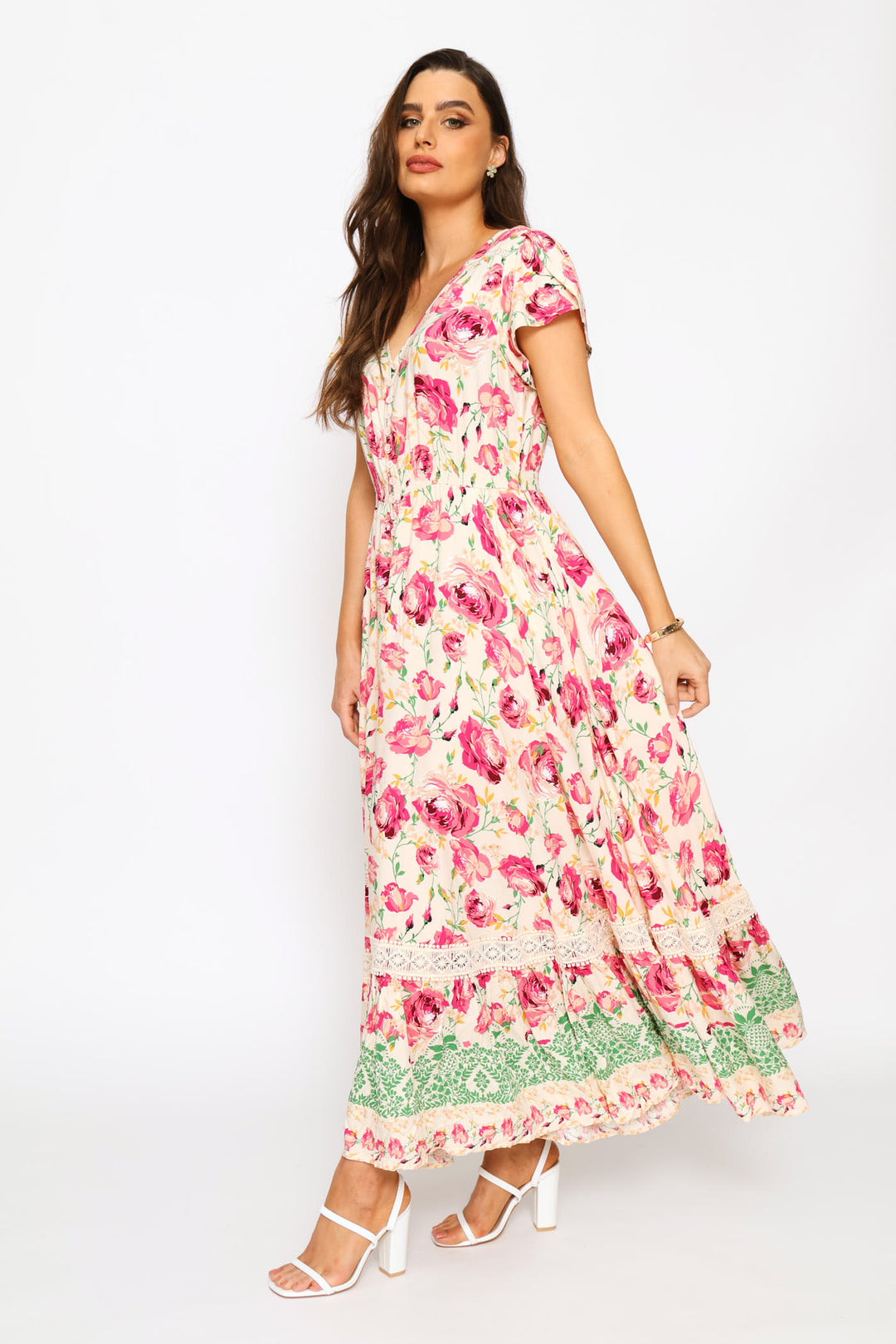 Cap Sleeve V-Neck Button Through Tiered Mini Dress - Pink