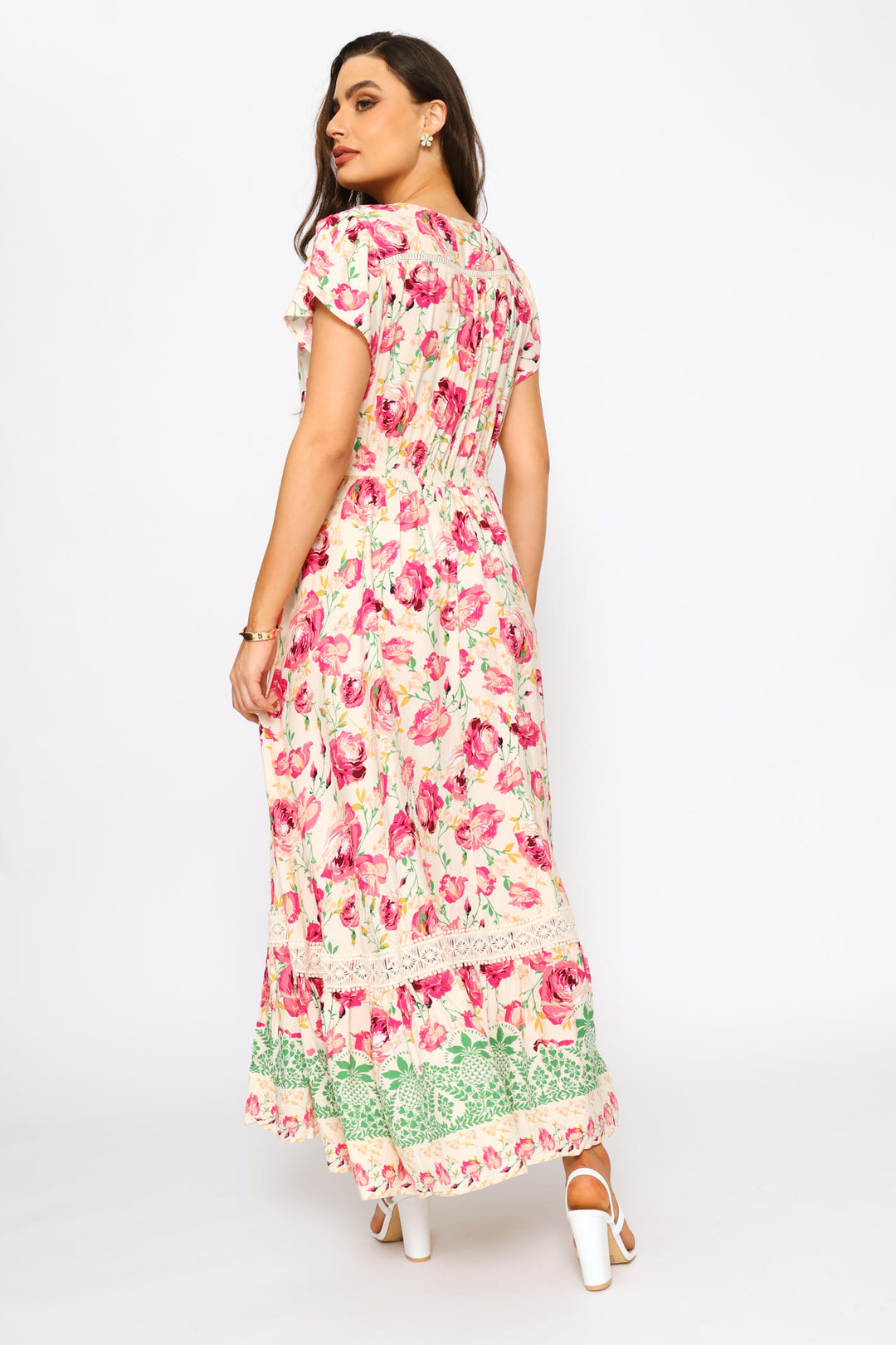 Cap Sleeve V-Neck Button Through Tiered Mini Dress - Pink