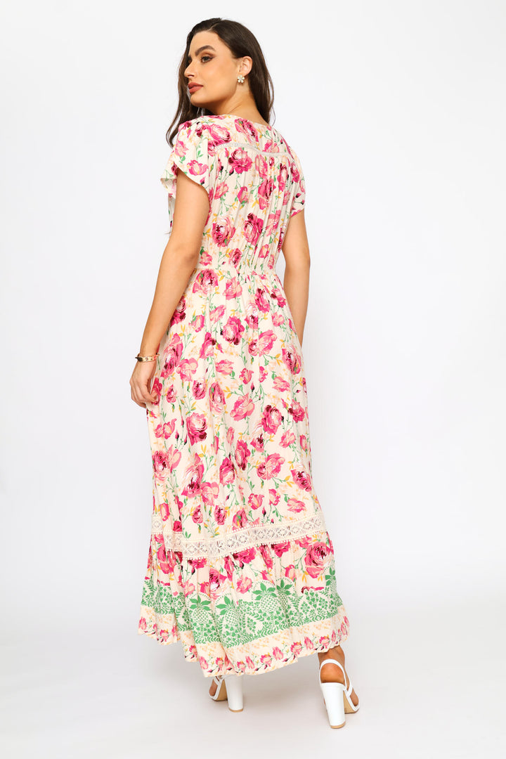 Cap Sleeve V-Neck Button Through Tiered Mini Dress - Pink