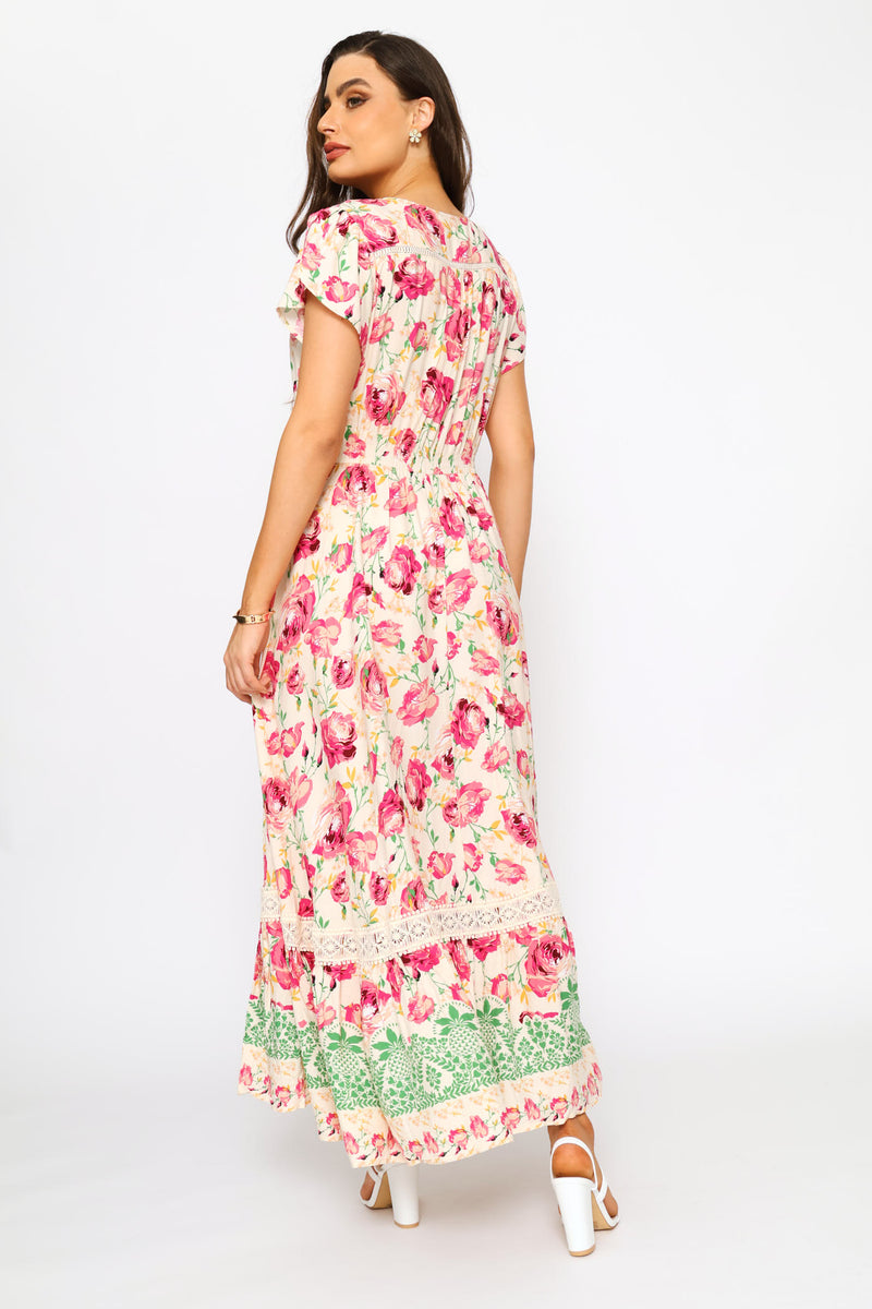 Cap Sleeve V-Neck Button Through Tiered Mini Dress - Pink