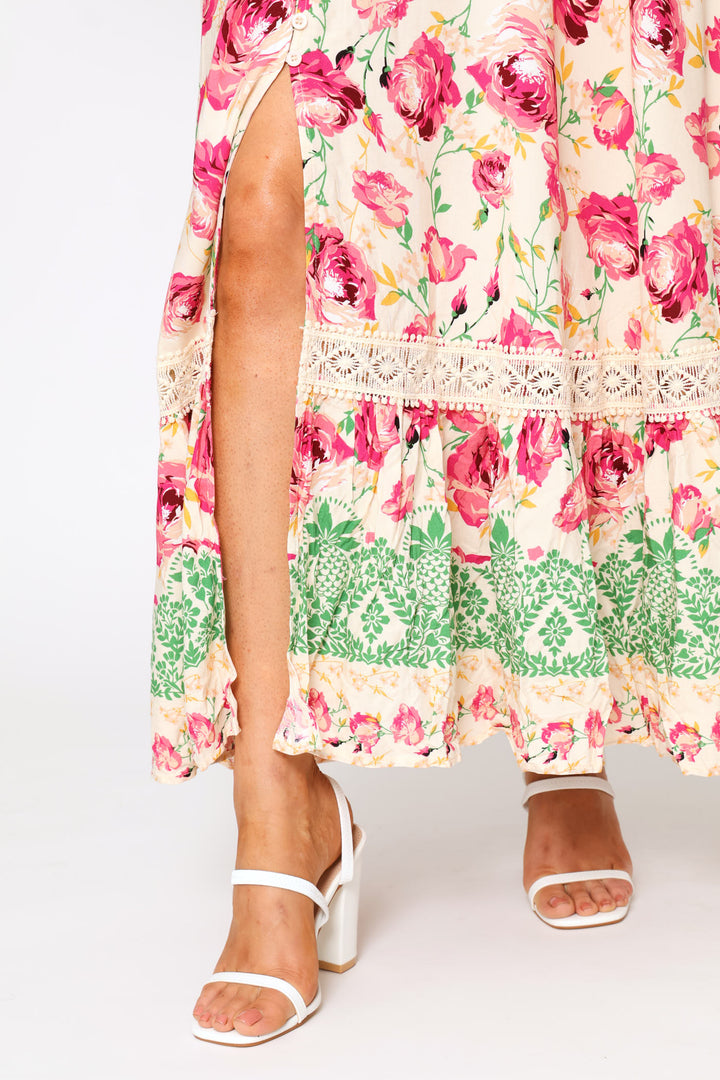 Cap Sleeve V-Neck Button Through Tiered Mini Dress - Pink