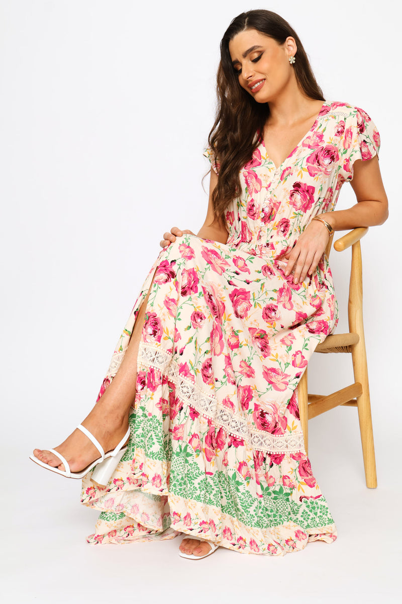Cap Sleeve V-Neck Button Through Tiered Mini Dress - Pink