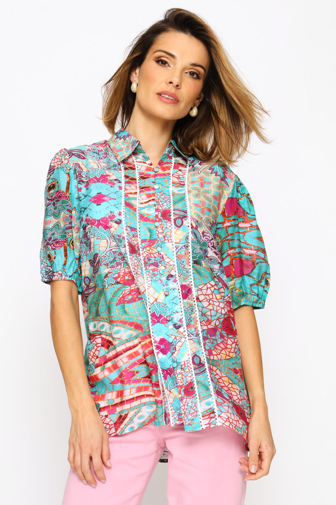 Elasicated Half Sleeve Button Through Sheer Print Shirt - Blue