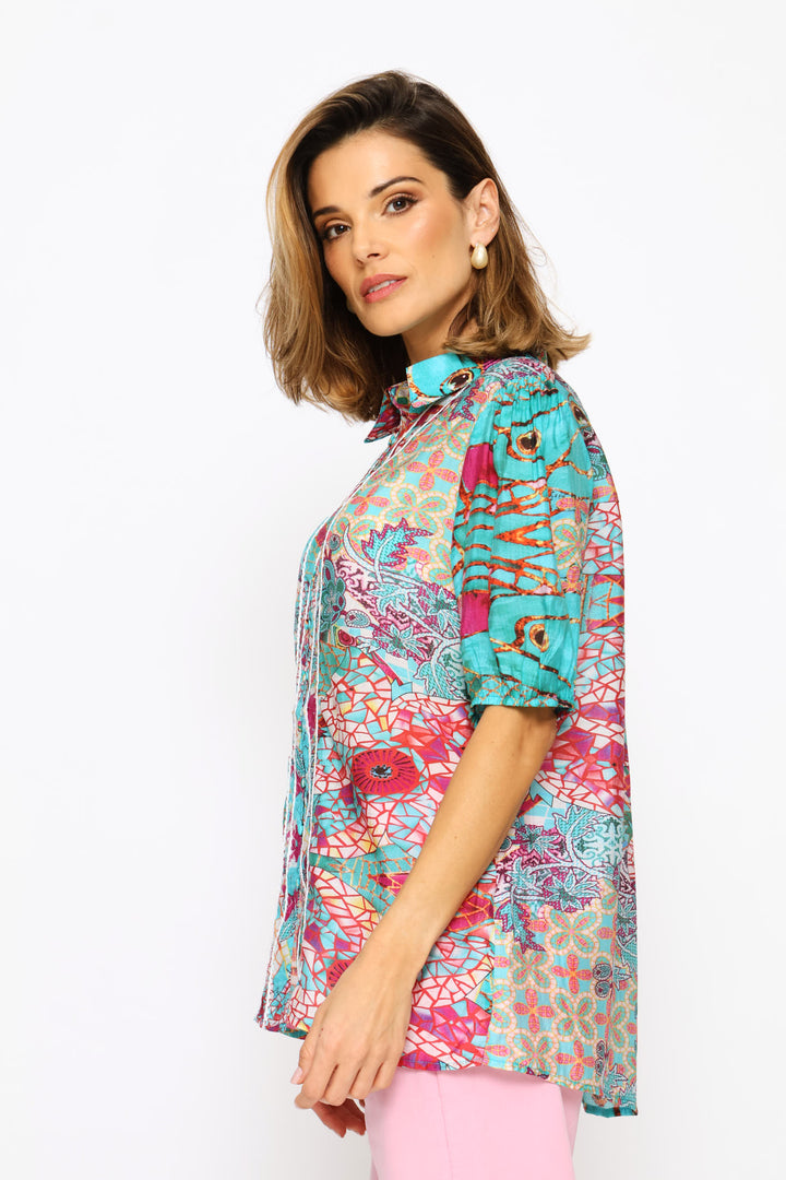Elasicated Half Sleeve Button Through Sheer Print Shirt - Blue