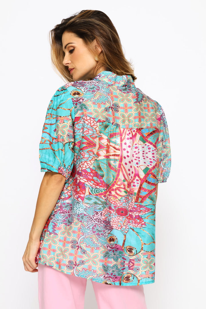 Elasicated Half Sleeve Button Through Sheer Print Shirt - Blue