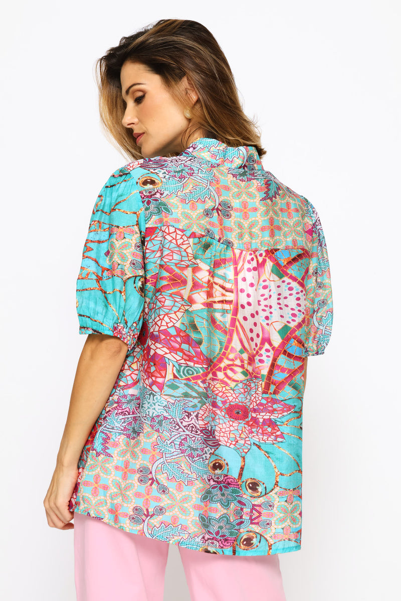 Elasicated Half Sleeve Button Through Sheer Print Shirt - Blue