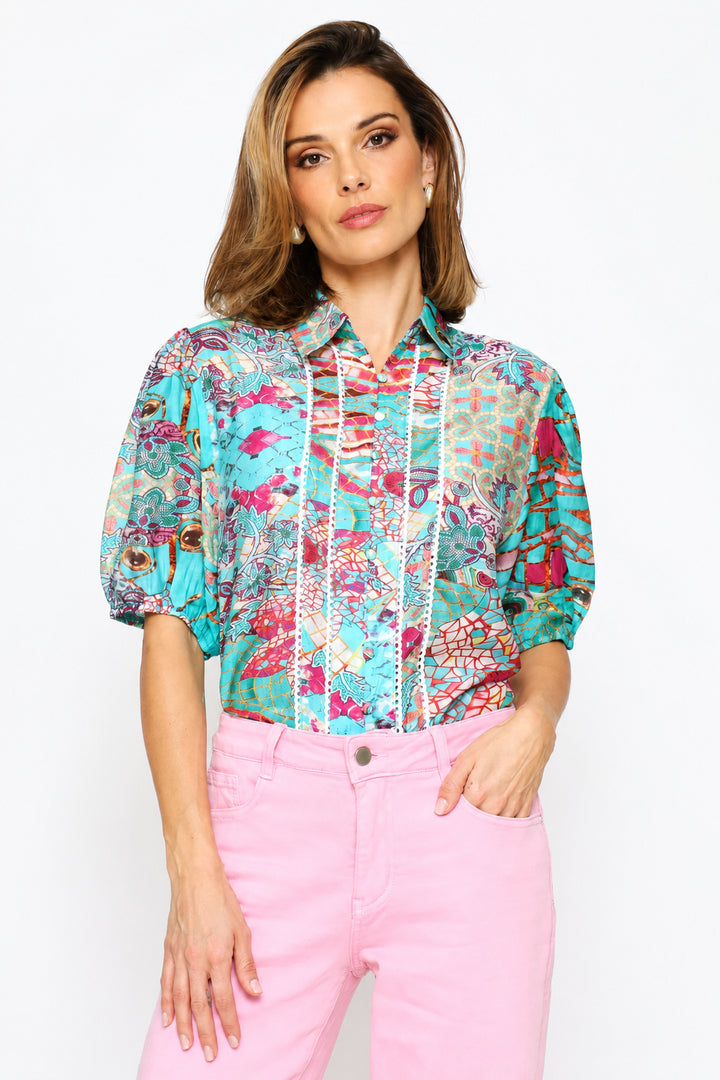Elasicated Half Sleeve Button Through Sheer Print Shirt - Blue