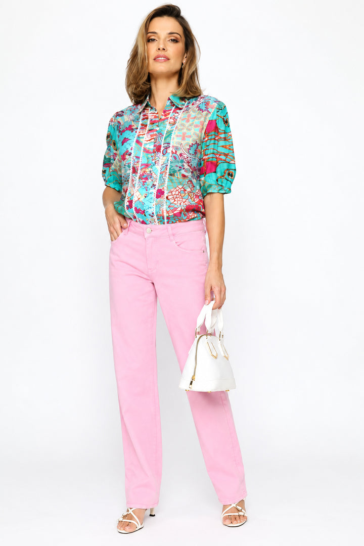 Elasicated Half Sleeve Button Through Sheer Print Shirt - Blue