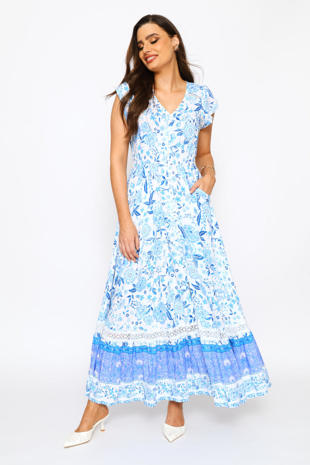 Cap Sleeve V-Neck Button Through Print Tiered Maxi Dress - Blue