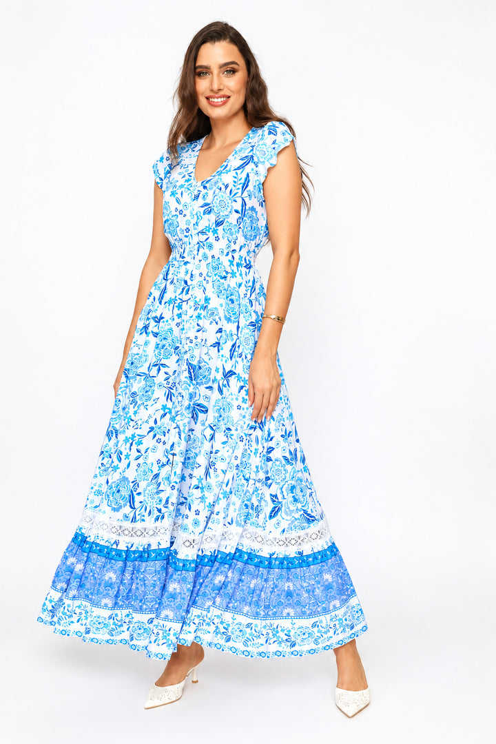 Cap Sleeve V-Neck Button Through Print Tiered Maxi Dress - Blue