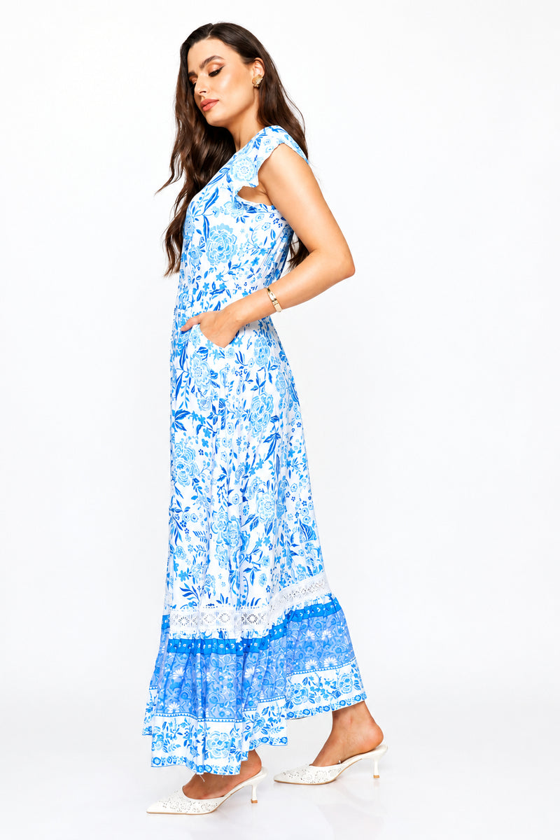 Cap Sleeve V-Neck Button Through Print Tiered Maxi Dress - Blue
