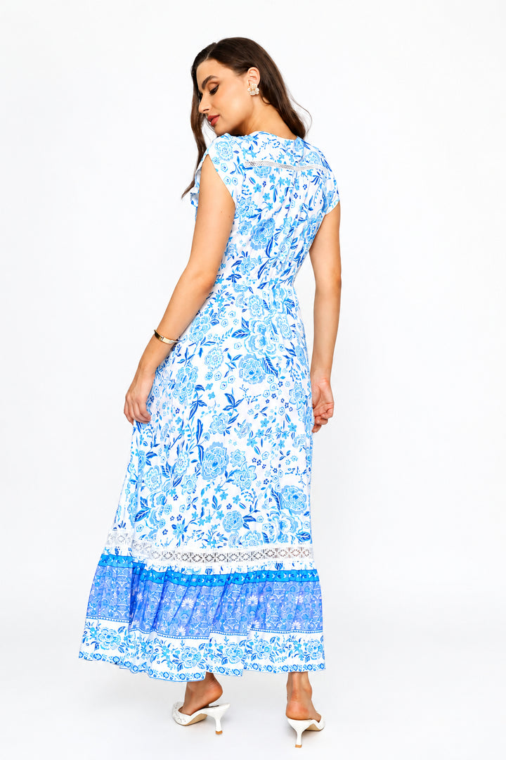 Cap Sleeve V-Neck Button Through Print Tiered Maxi Dress - Blue