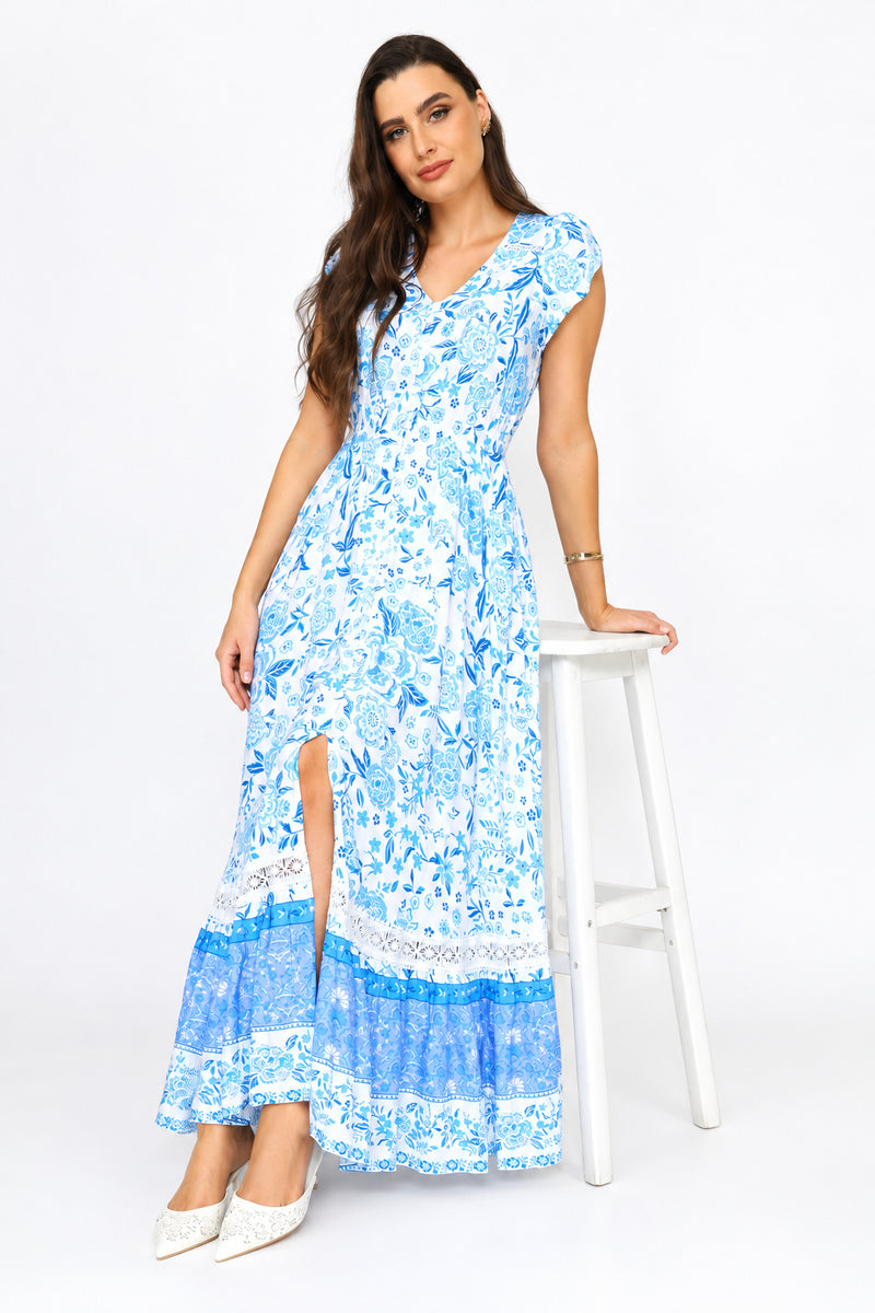 Cap Sleeve V-Neck Button Through Print Tiered Maxi Dress - Blue