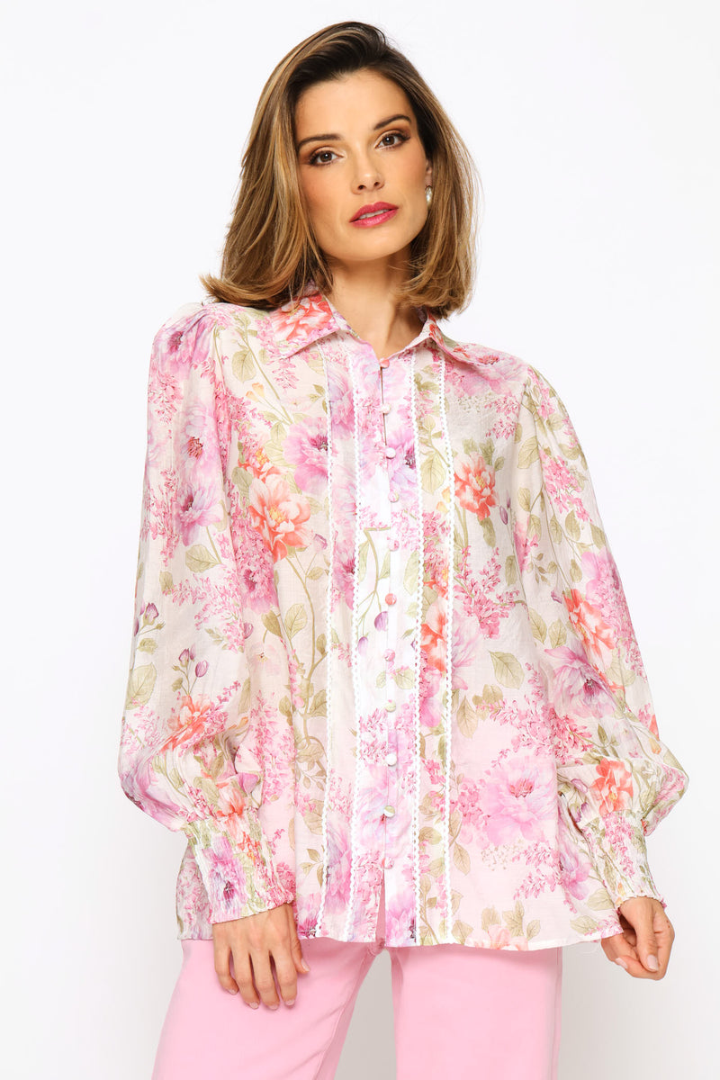 Elasticated Cuff Button Through Sheer Printed Shirt - White