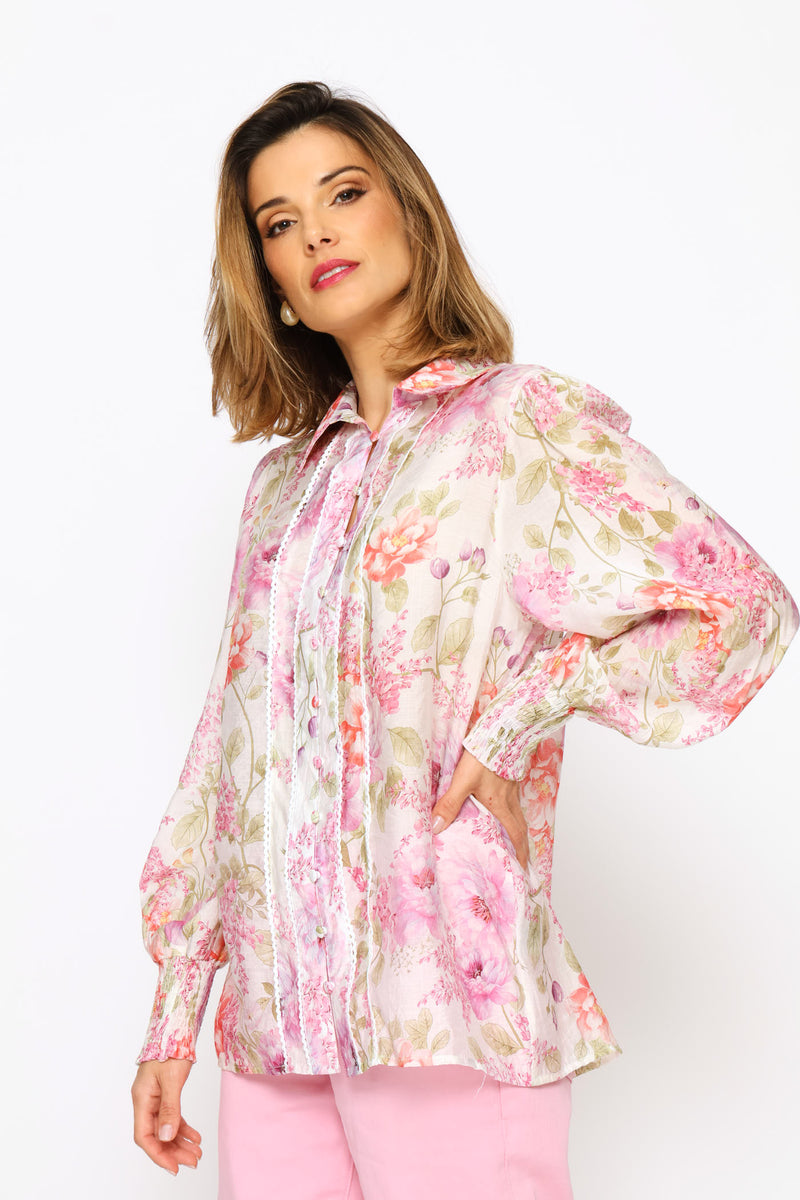 Elasticated Cuff Button Through Sheer Printed Shirt - White