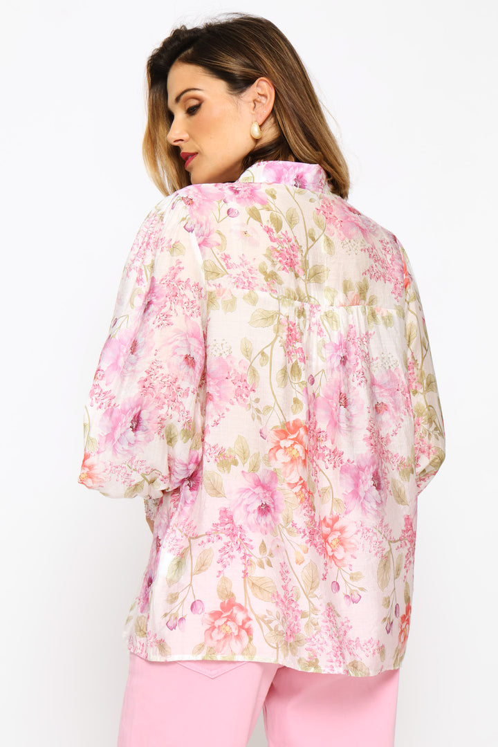 Elasticated Cuff Button Through Sheer Printed Shirt - White
