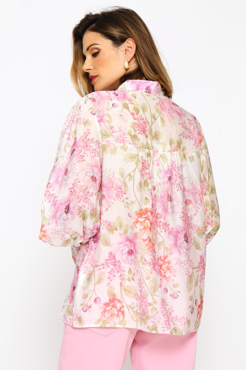 Elasticated Cuff Button Through Sheer Printed Shirt - White