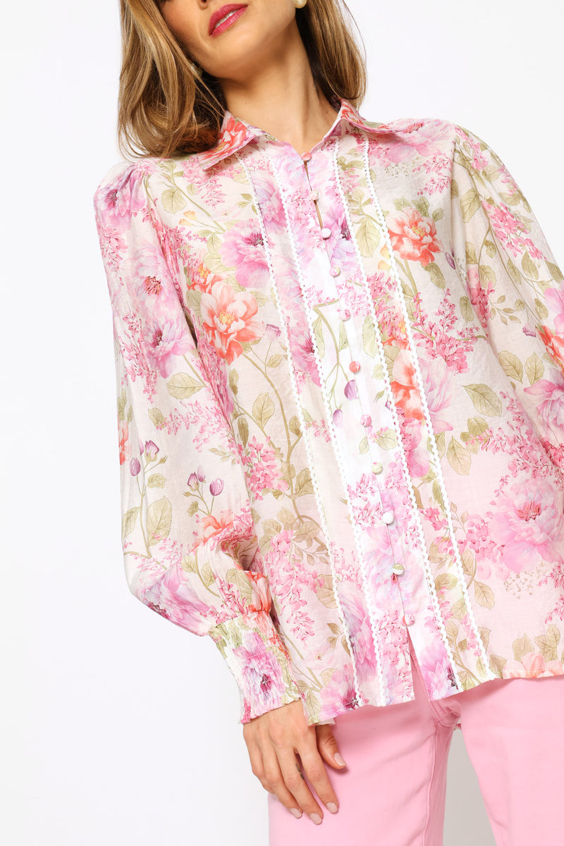 Elasticated Cuff Button Through Sheer Printed Shirt - White