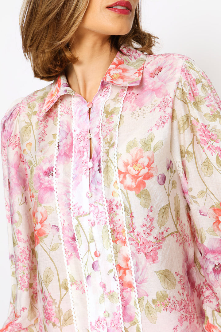 Elasticated Cuff Button Through Sheer Printed Shirt - White