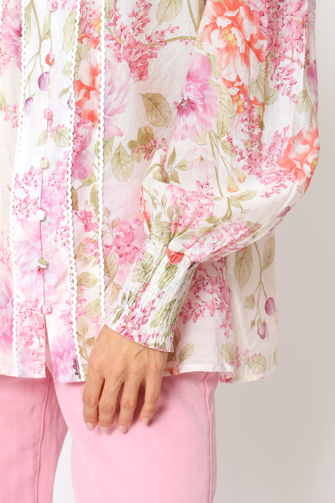 Elasticated Cuff Button Through Sheer Printed Shirt - White