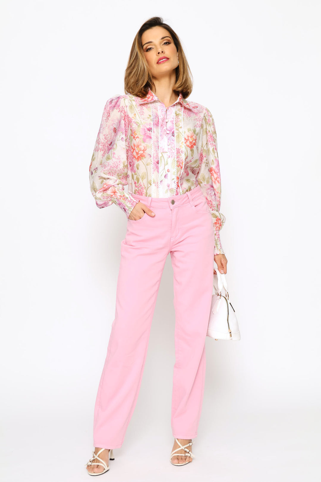 Elasticated Cuff Button Through Sheer Printed Shirt - White
