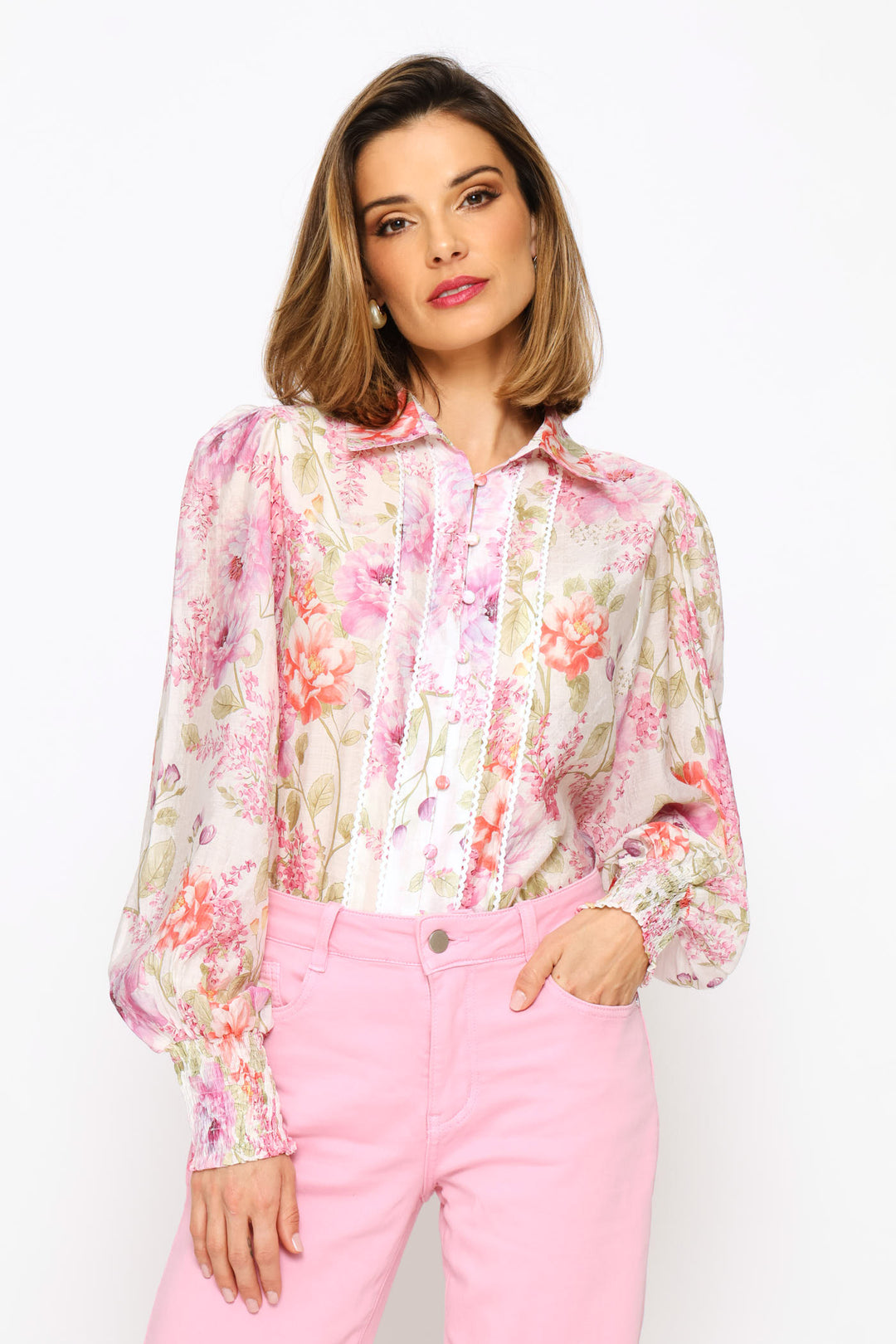 Elasticated Cuff Button Through Sheer Printed Shirt - White