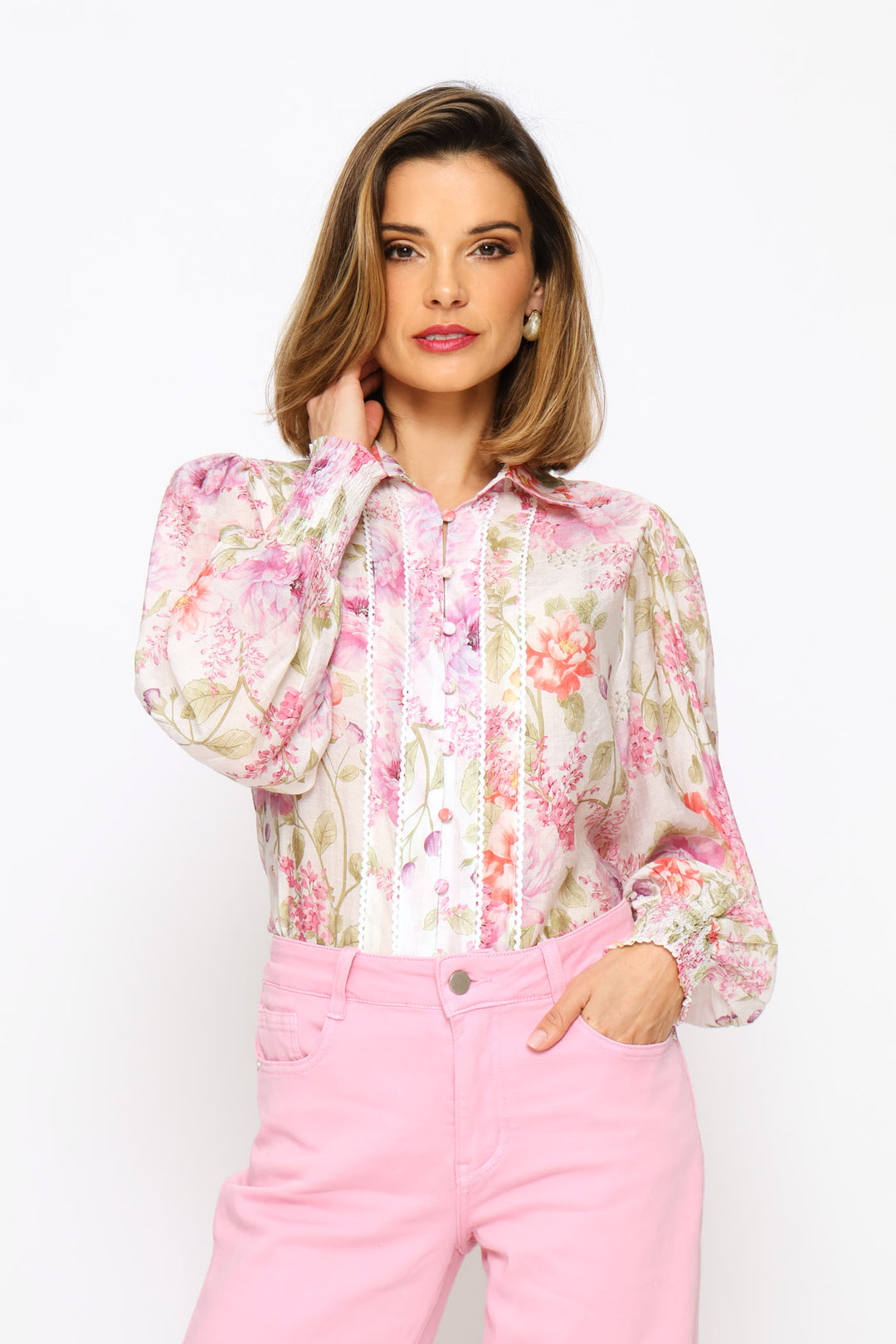 Elasticated Cuff Button Through Sheer Printed Shirt - White