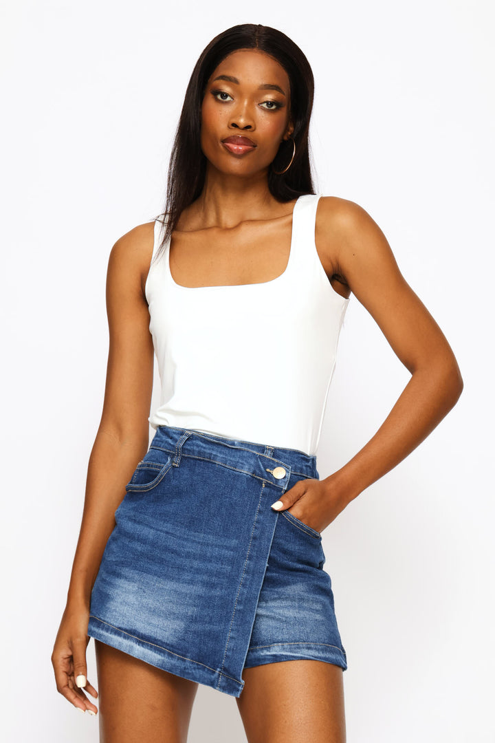 Elasticated Waistband Mid Thigh Denim Skort - Mid Wash