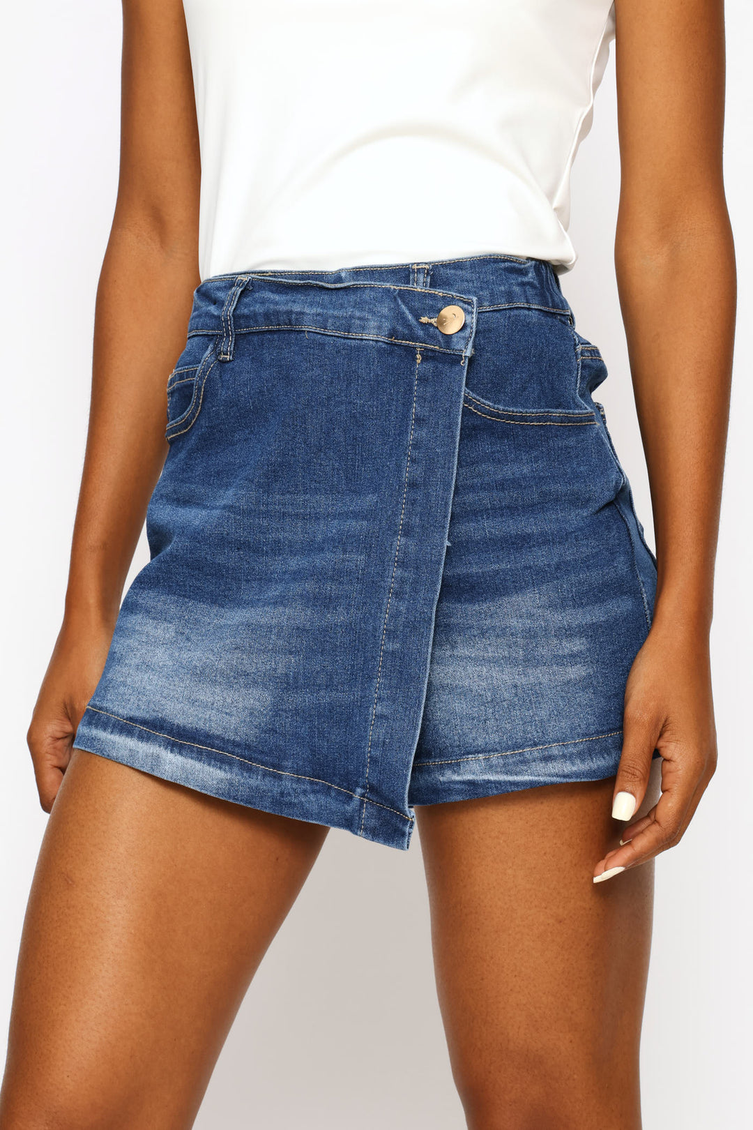 Elasticated Waistband Mid Thigh Denim Skort - Mid Wash