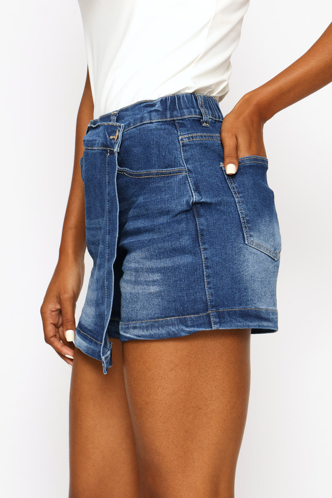 Elasticated Waistband Mid Thigh Denim Skort - Mid Wash