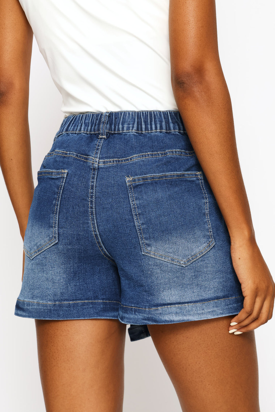 Elasticated Waistband Mid Thigh Denim Skort - Mid Wash