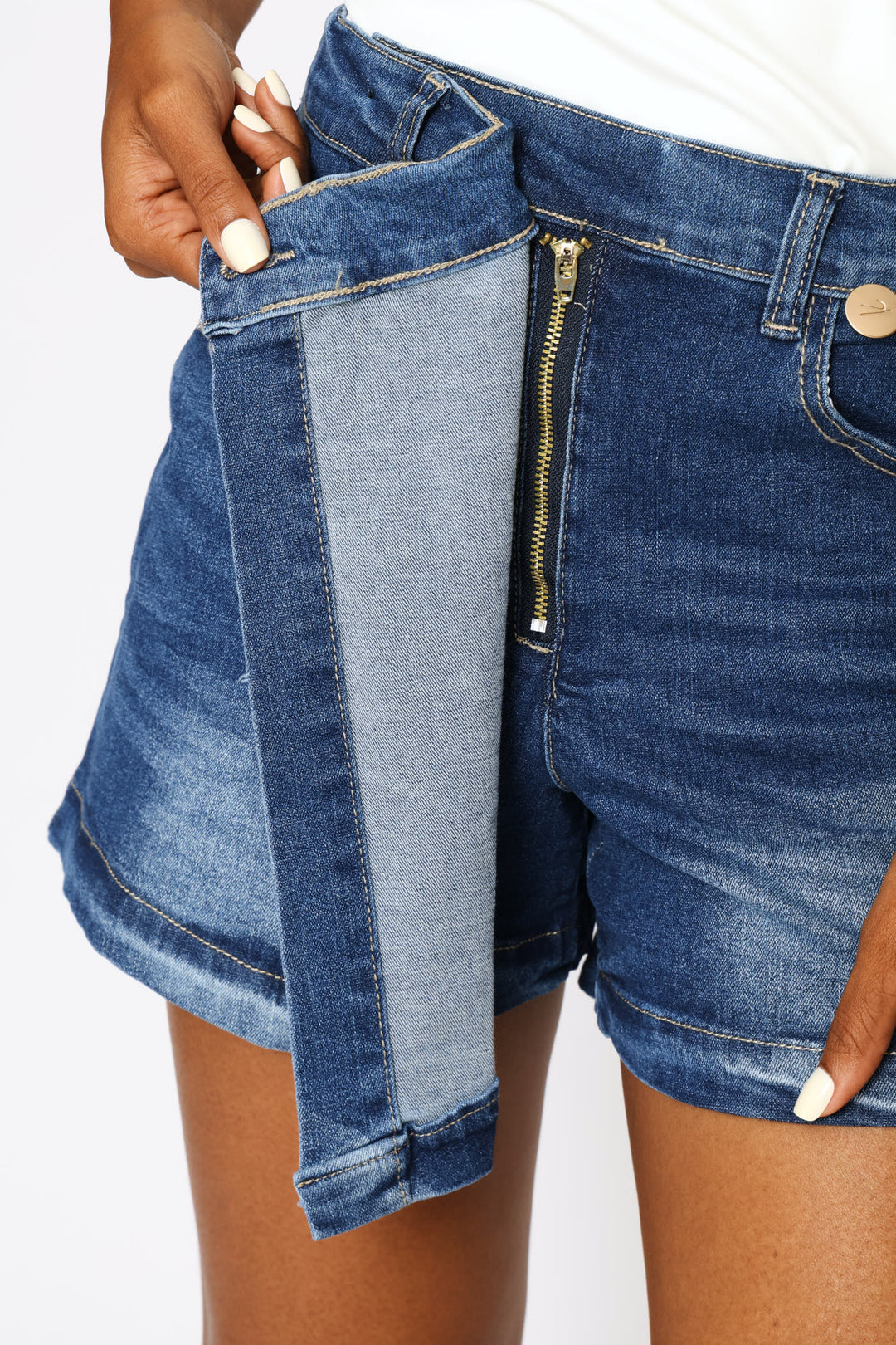 Elasticated Waistband Mid Thigh Denim Skort - Mid Wash