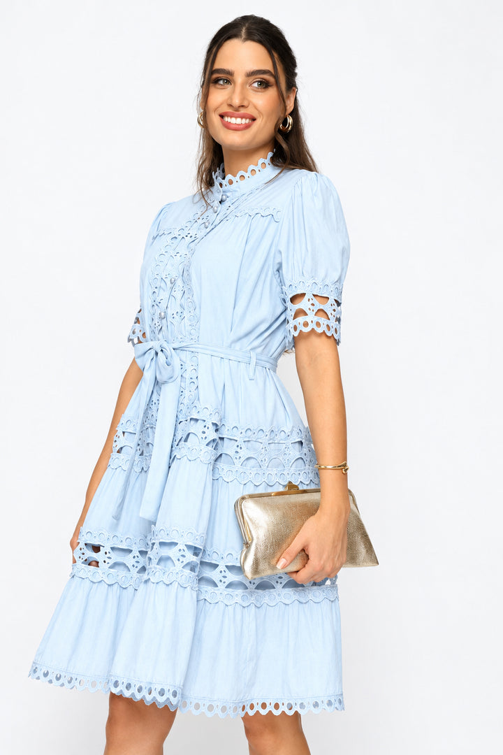 Boatneck Permanent Crease Floral Print Tiered Maxi Dress - Blue