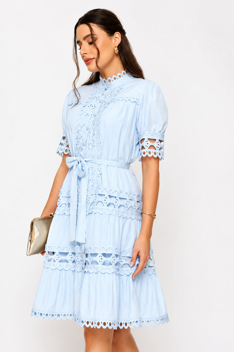 Boatneck Permanent Crease Floral Print Tiered Maxi Dress - Blue
