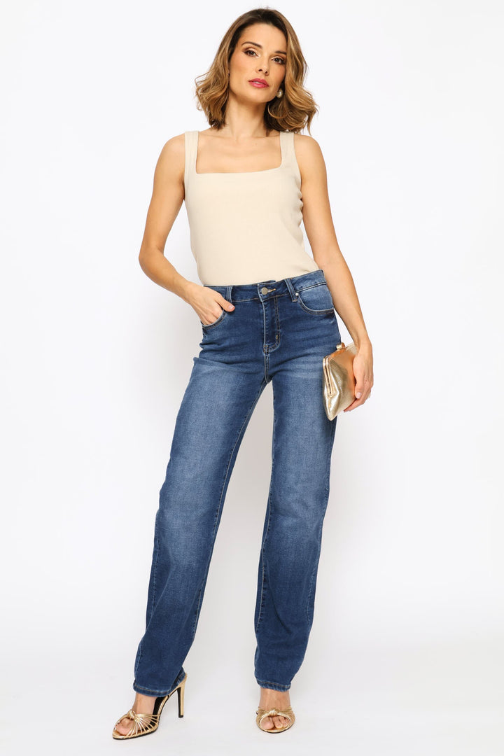 Mid Waist 5 Pocket Straight Leg Overdye Denim - Dark Wash