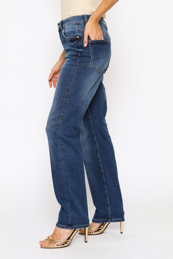 Mid Waist 5 Pocket Straight Leg Overdye Denim - Dark Wash